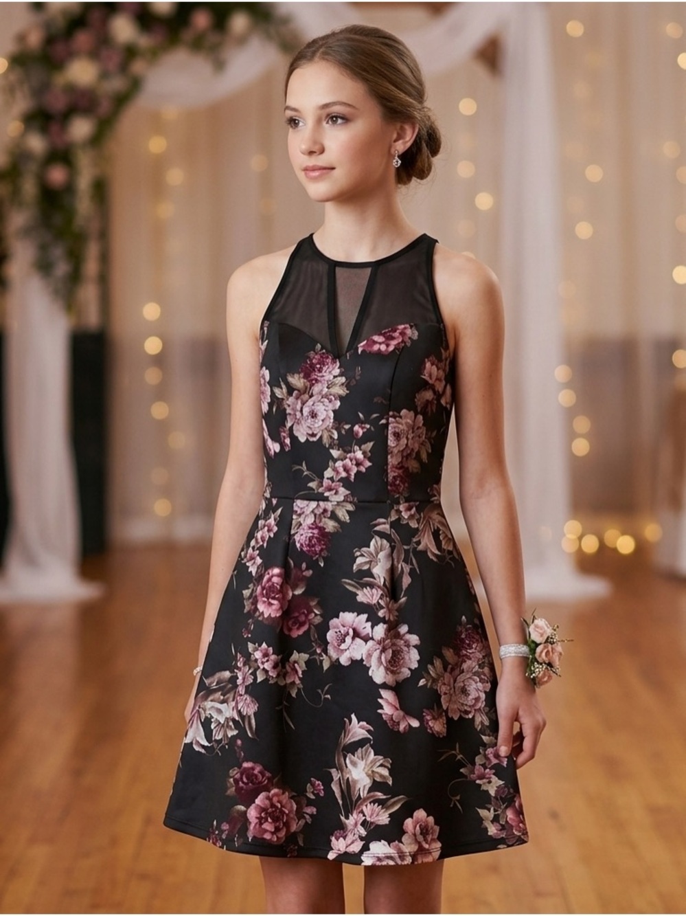 Black prom party Mini Dress with Pink Floral Print xs